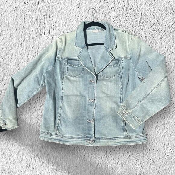 Chicos Stonewash Denim Jacket Pearl Rhinestone Buttons 2/12 14 Cotton Spandex - Picture 1 of 10